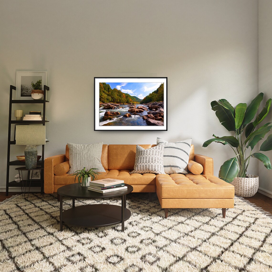 River Rapids And Bridge, Autumn Fall Landscape Art Print - Image 4