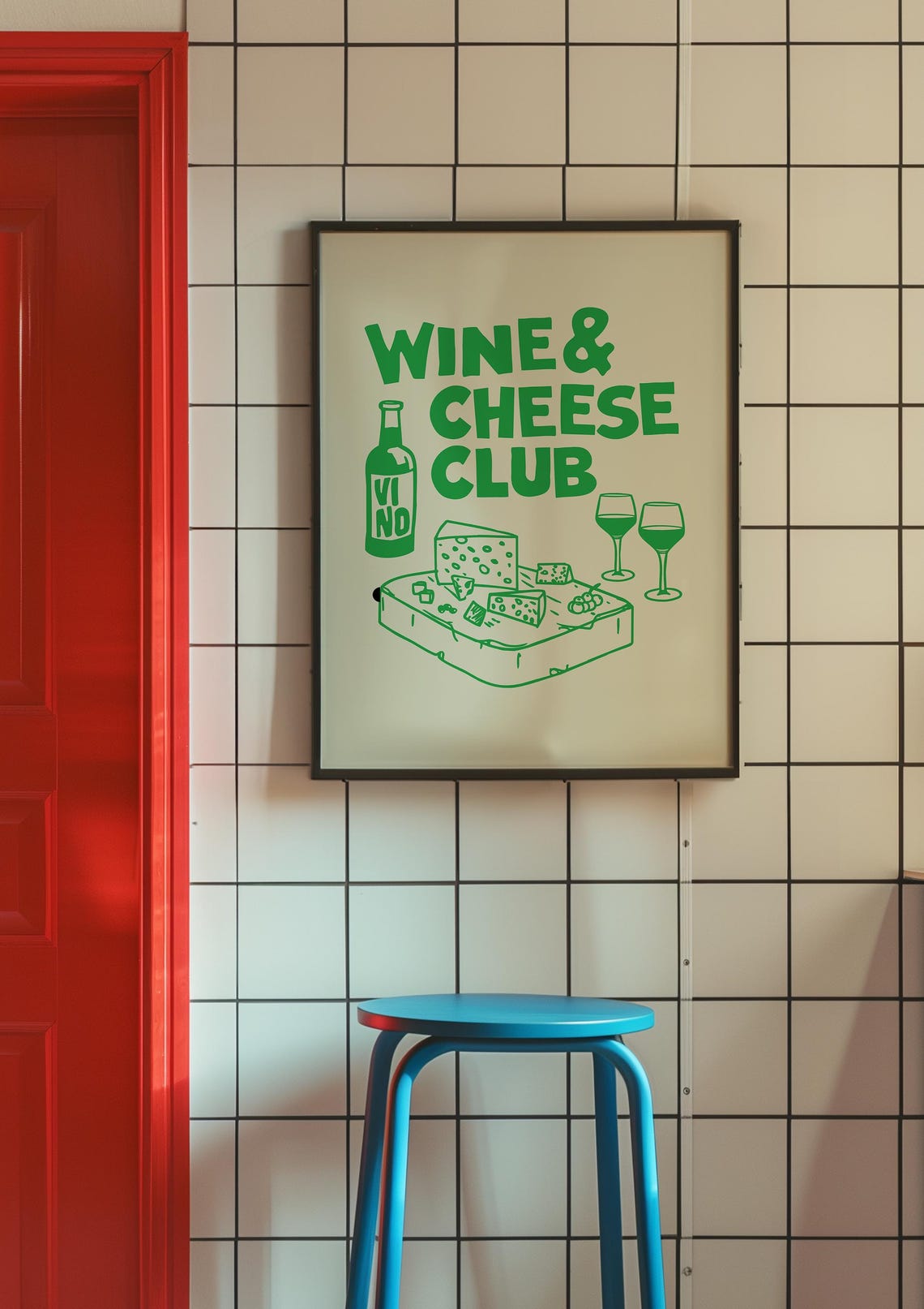 Green Wine and Cheese Club Retro Hand Drawn Kitchen Art Print - Image 3