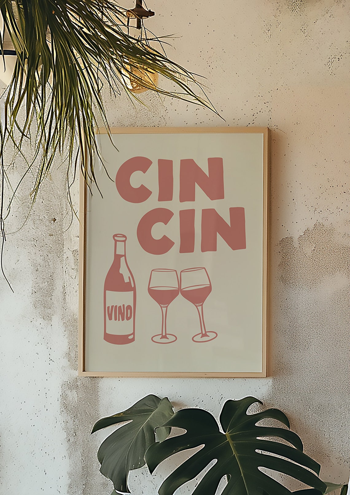 Cin Cin Retro Pink Wine Bottle Glasses Cheers Bar Cart Poster - Image 2