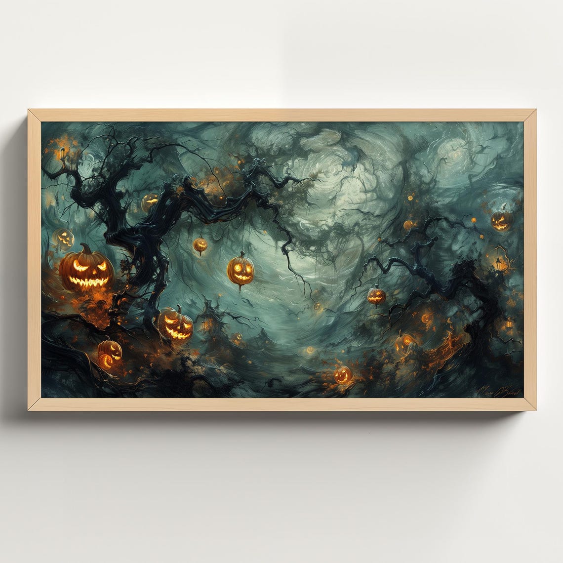 Twisted Bare Tree with Hanging Jack O Lanterns in Foggy Night Poster