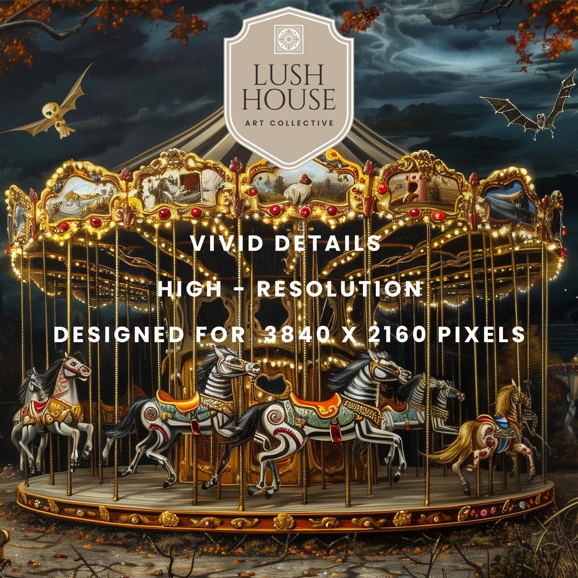 Haunted Carousel at Night With Skeleton Horses Bats and Ghosts Poster - Image 3