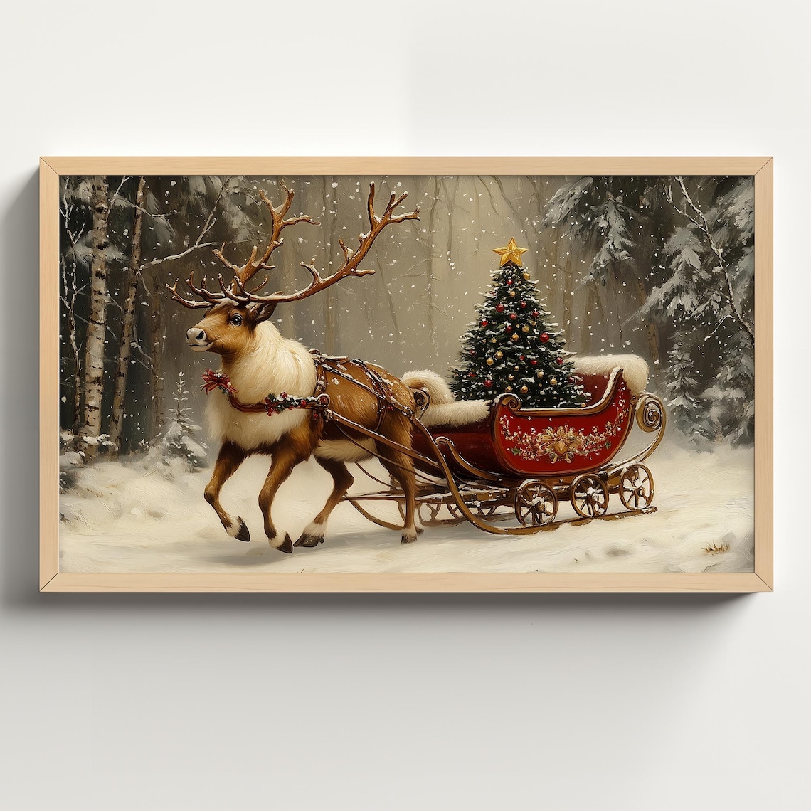Reindeer Sleigh Christmas Tree Ornaments, Vintage Art Print