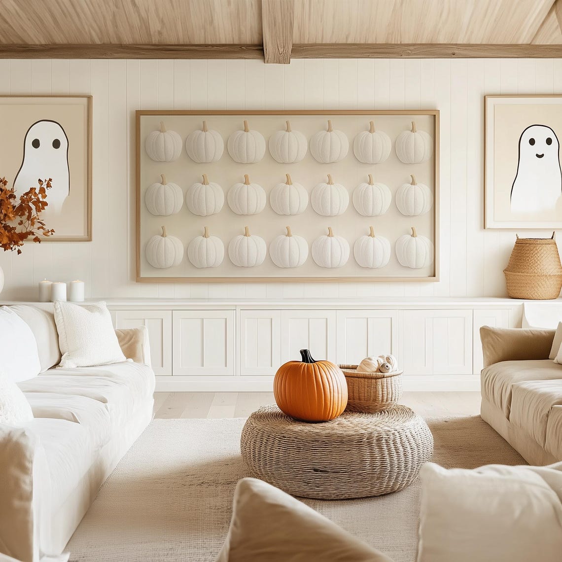 Rows of White Mini Pumpkins on Beige Autumn Still Life Wall Art - Image 5