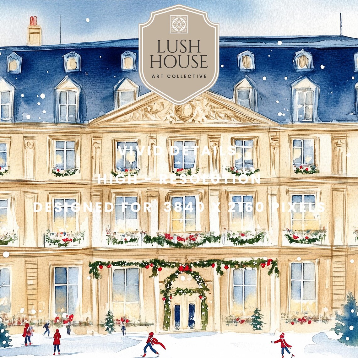 Grand French Chateau in Snow with Ice Skaters Watercolor Poster - Image 2