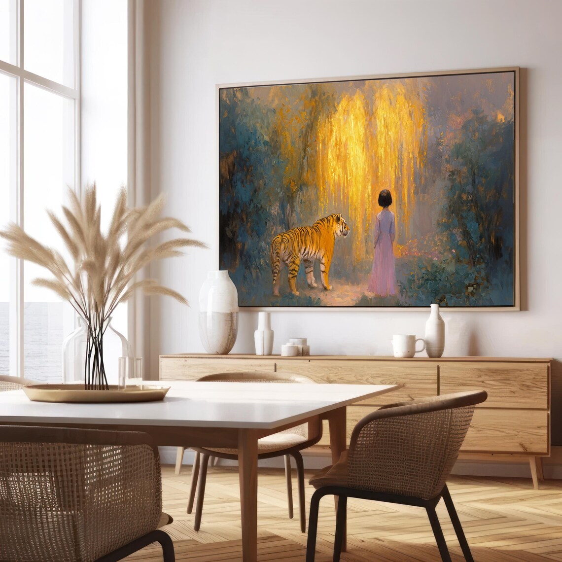 Girl With Tiger Before Golden Waterfall Dreamy Figurative Art Poster