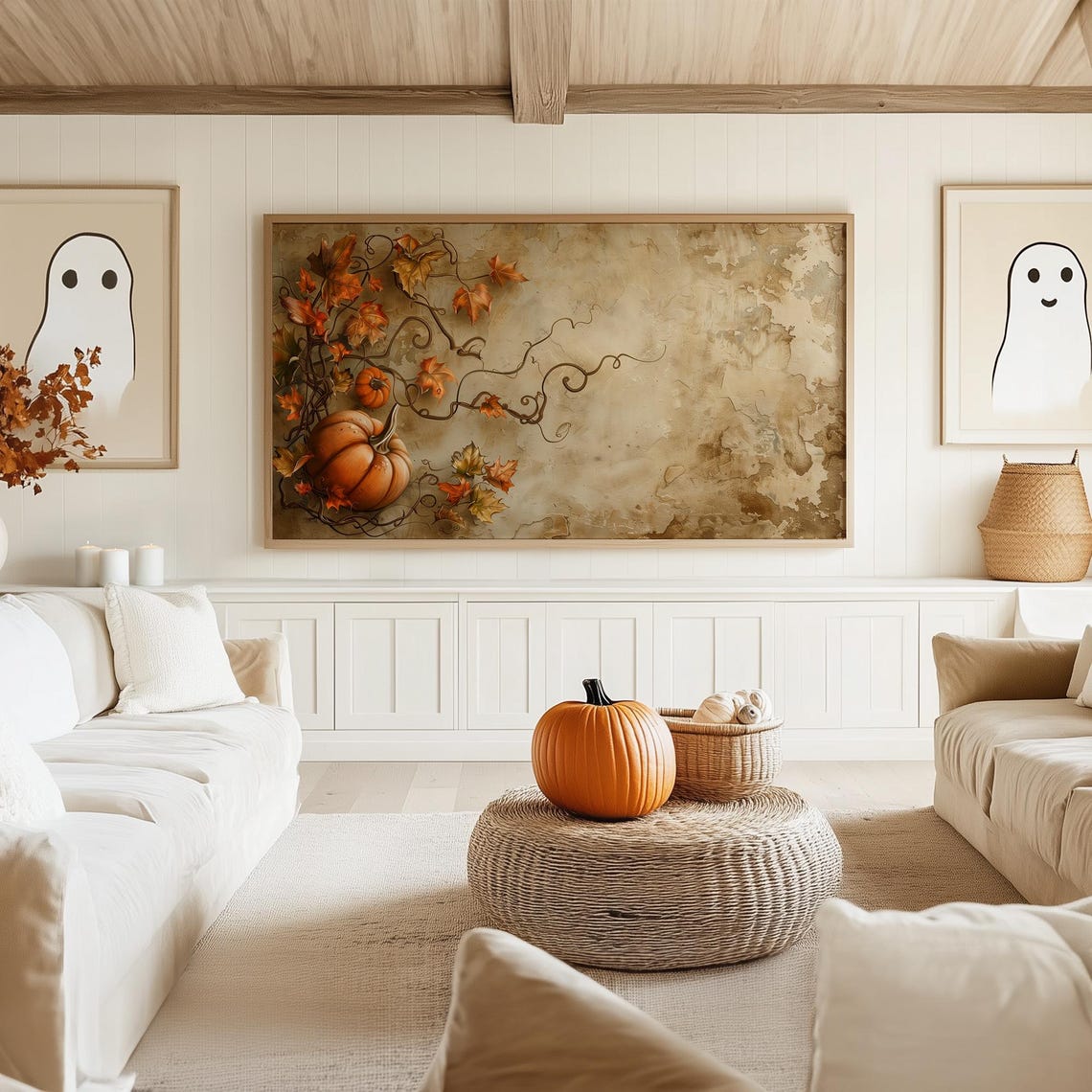 Orange Pumpkin and Trailing Autumn Vines on Neutral Plaster Poster - Image 5