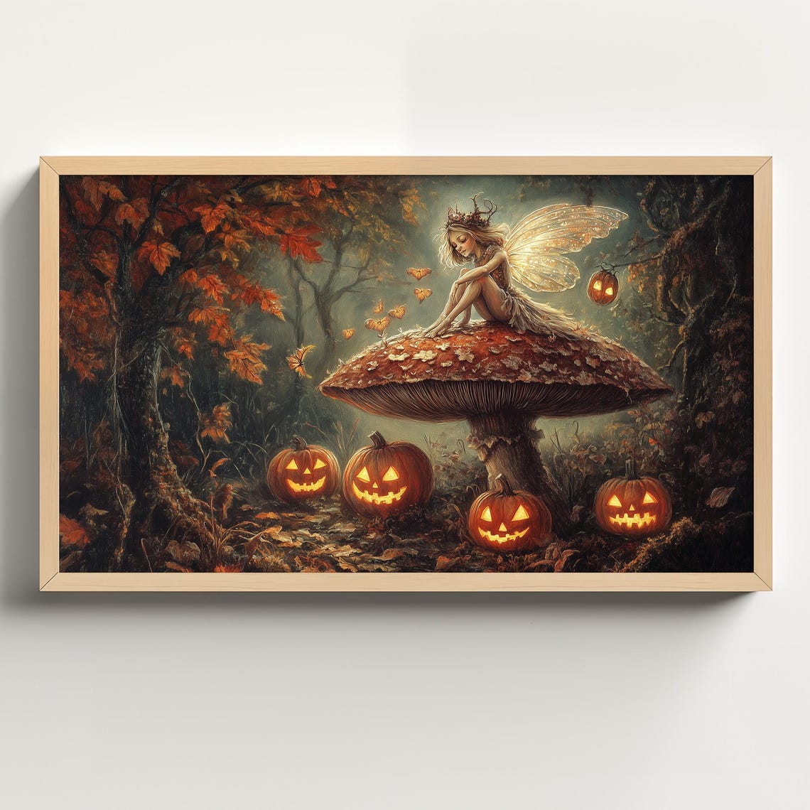 Autumn Fairy on a Red Mushroom Surrounded by Jack O Lanterns Poster