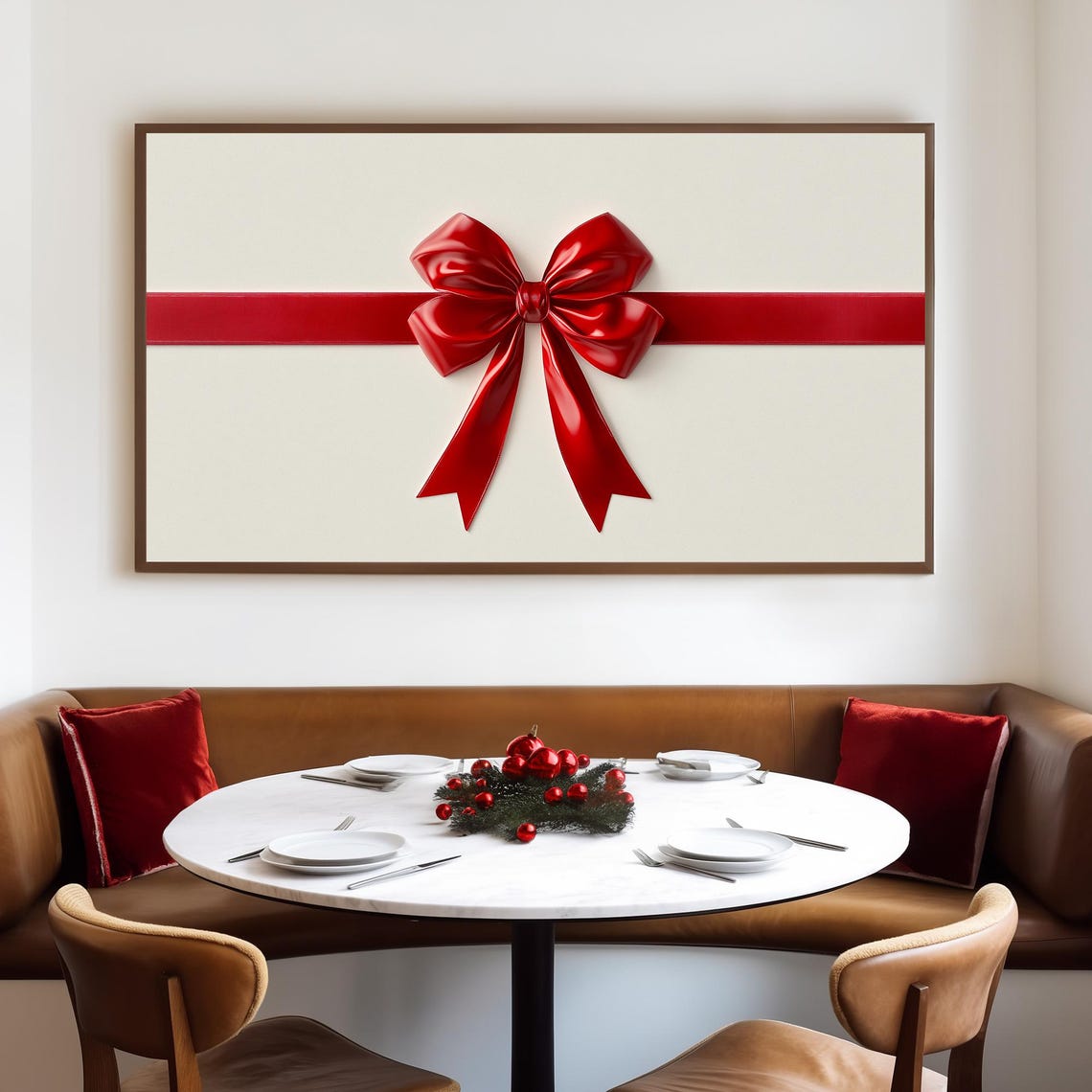 Glossy Red Ribbon Bow on Cream Gift Wrap Minimalist Holiday Poster - Image 4