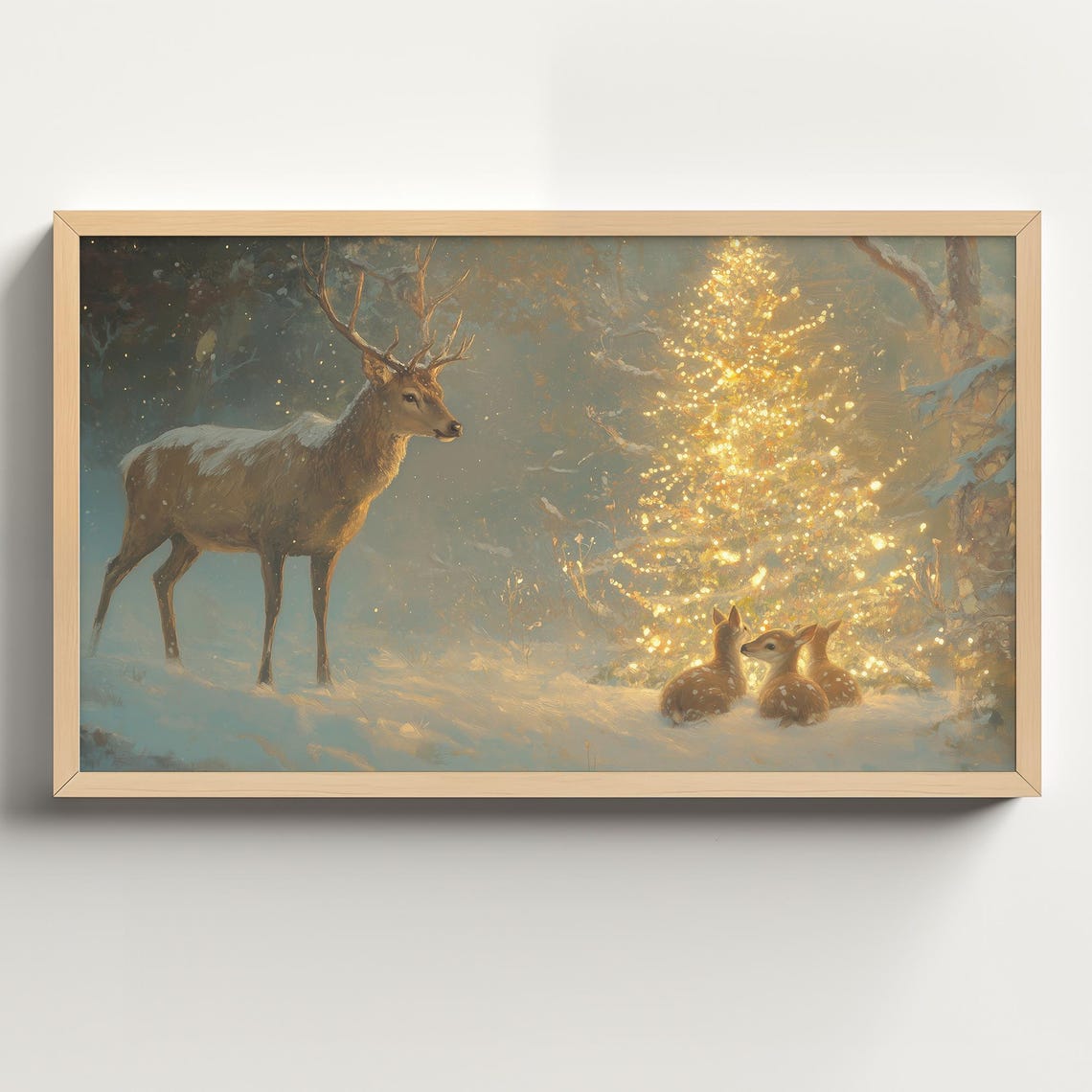 Deer and Fawns Gazing at a Glowing Christmas Tree in Snow Poster