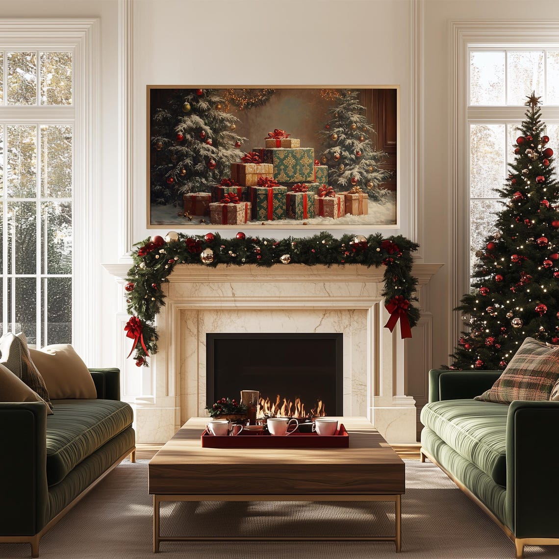 Red And Green Wrapped Christmas Presents Between Snowy Trees Poster - Image 5
