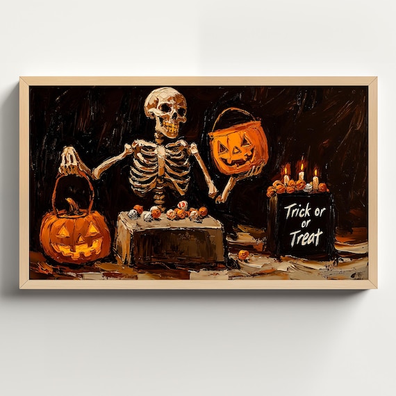 Skeleton Offering Candy Beside a Trick or Treat Sign Halloween Poster
