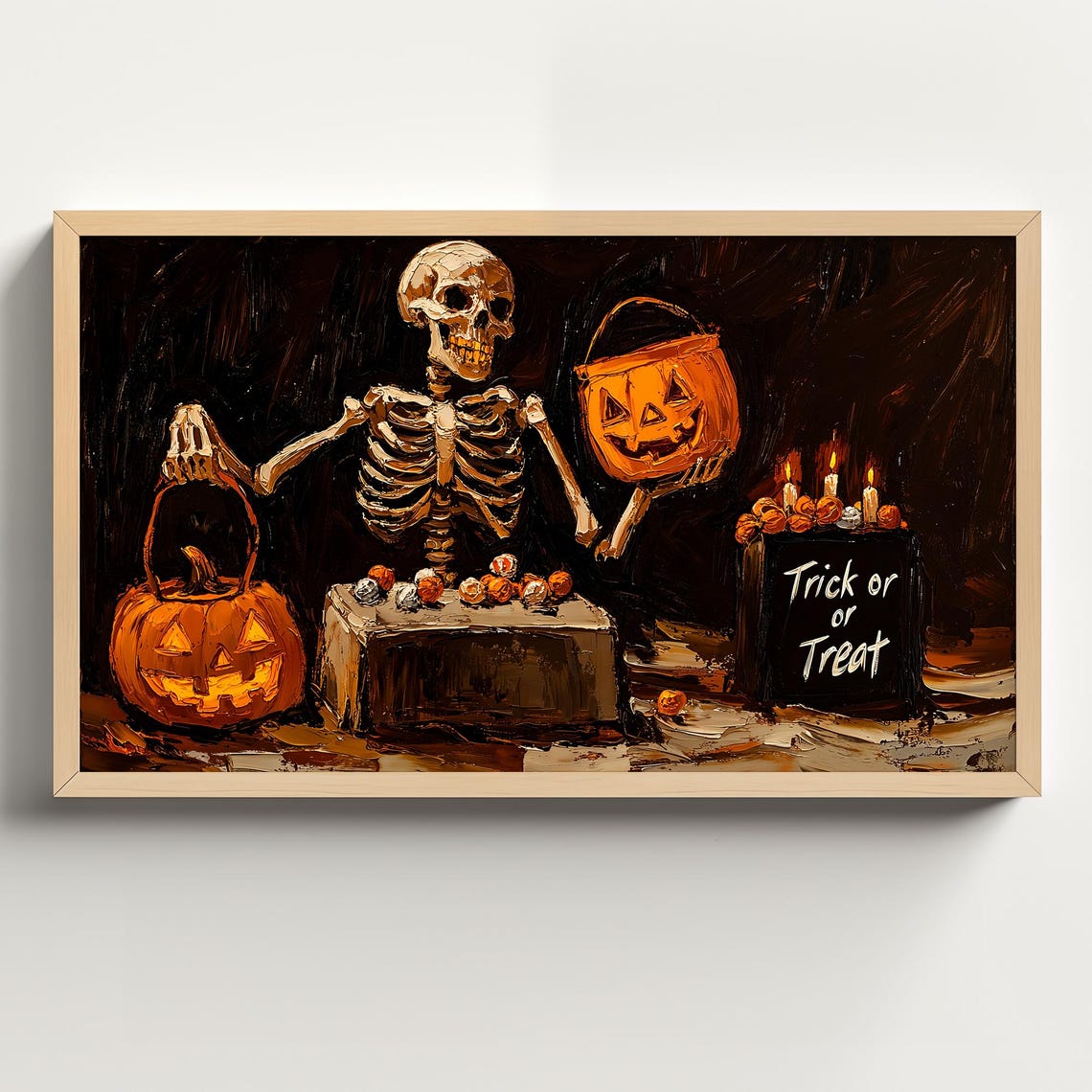 Skeleton Offering Candy Beside a Trick or Treat Sign Halloween Poster