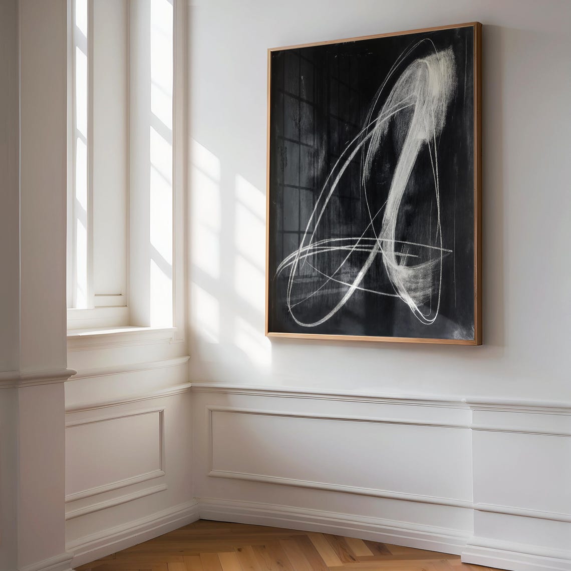 Modern Abstract Line Art Black And White Chalk Sketch Fine Art Monochromatic Print Contemporary Painting Original Minimalist Drawing X84 - Image 3