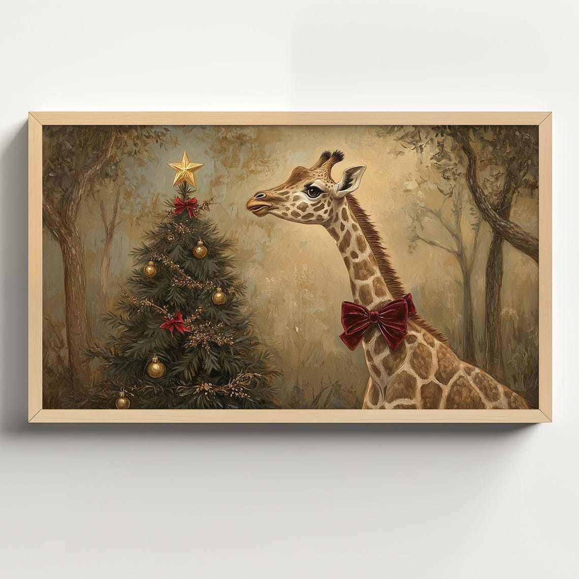 Giraffe Wearing a Red Bow Beside a Decorated Christmas Tree Poster