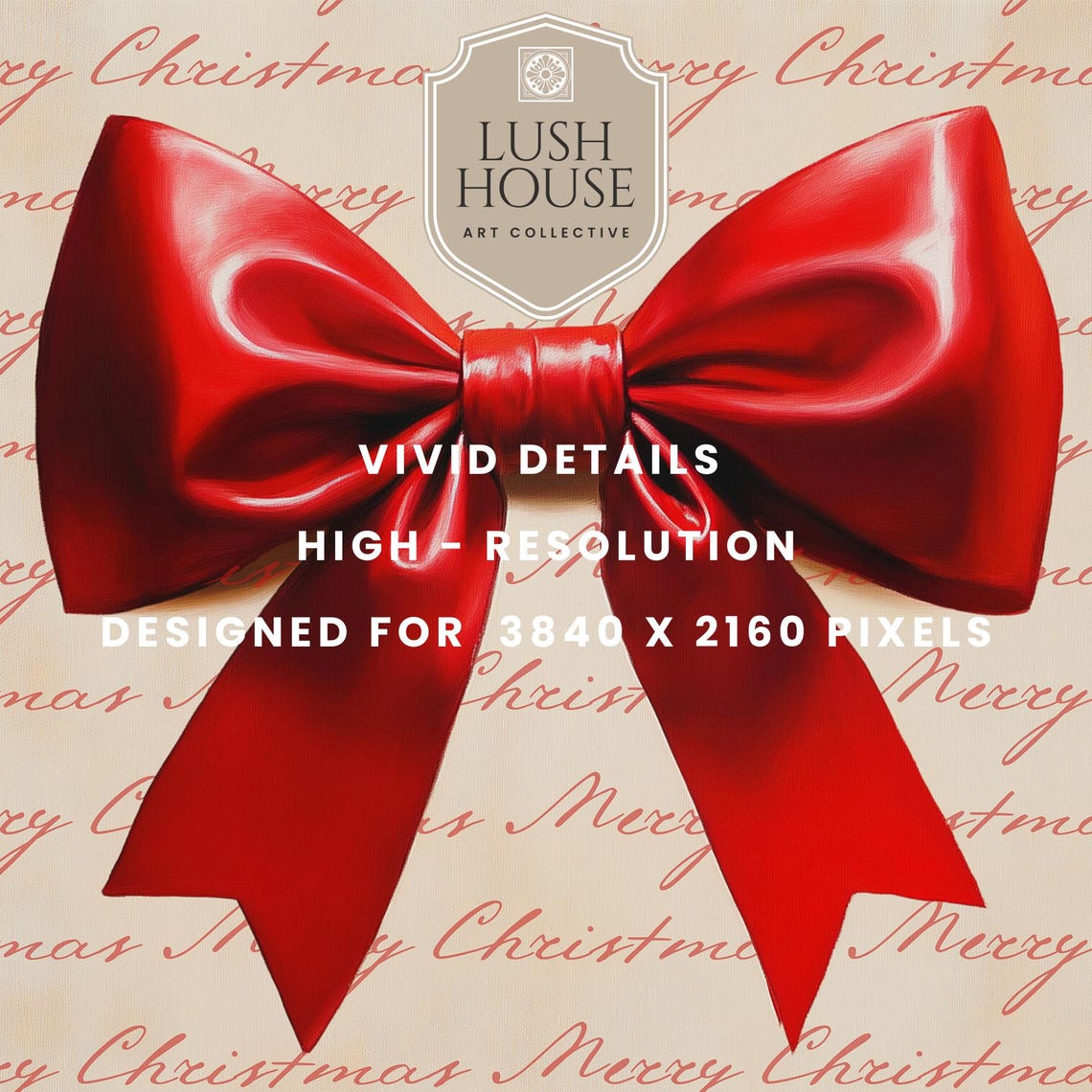 Red Bow on Merry Christmas Script Gift Wrap Pattern Wall Art - Image 2