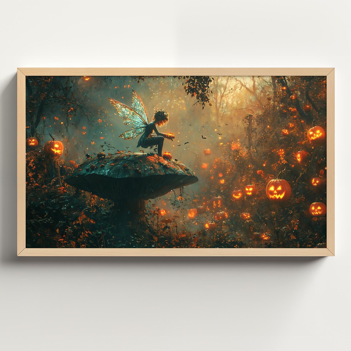 Pumpkin Fairy on a Mushroom Among Glowing Jack O Lanterns Halloween Poster