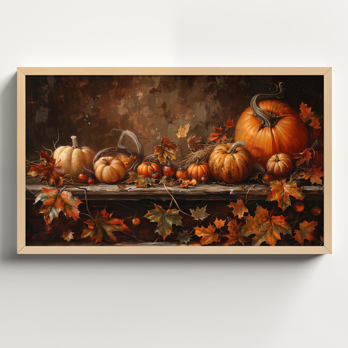 Rustic Shelf Pumpkin Still Life Among Glowing Autumn Maple Leaves Poster