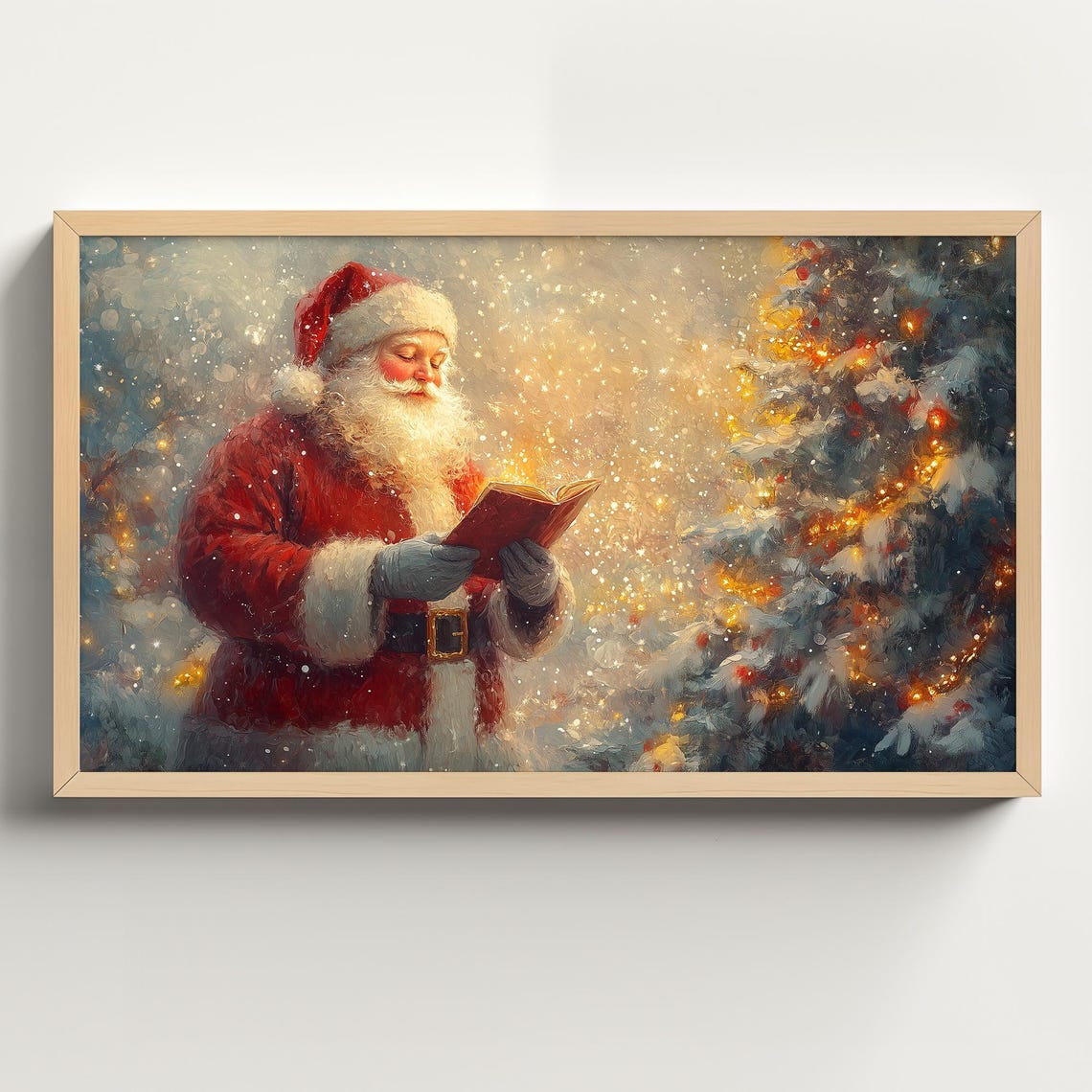 Santa Reading a Glowing Book Beside a Snowy Lit Christmas Tree Poster