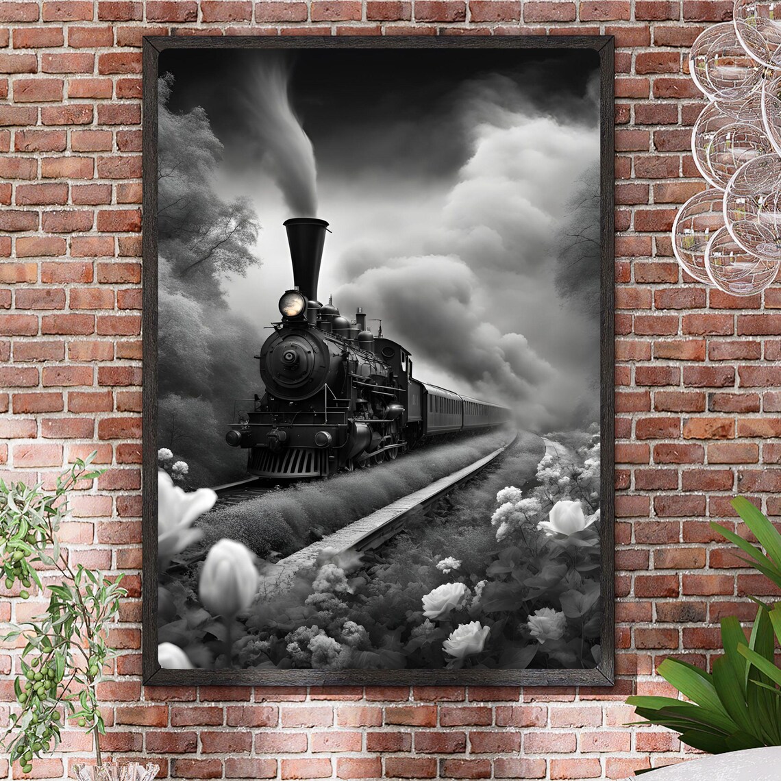 Romantic Steam Train Vintage Locomotive, Floral Scenery