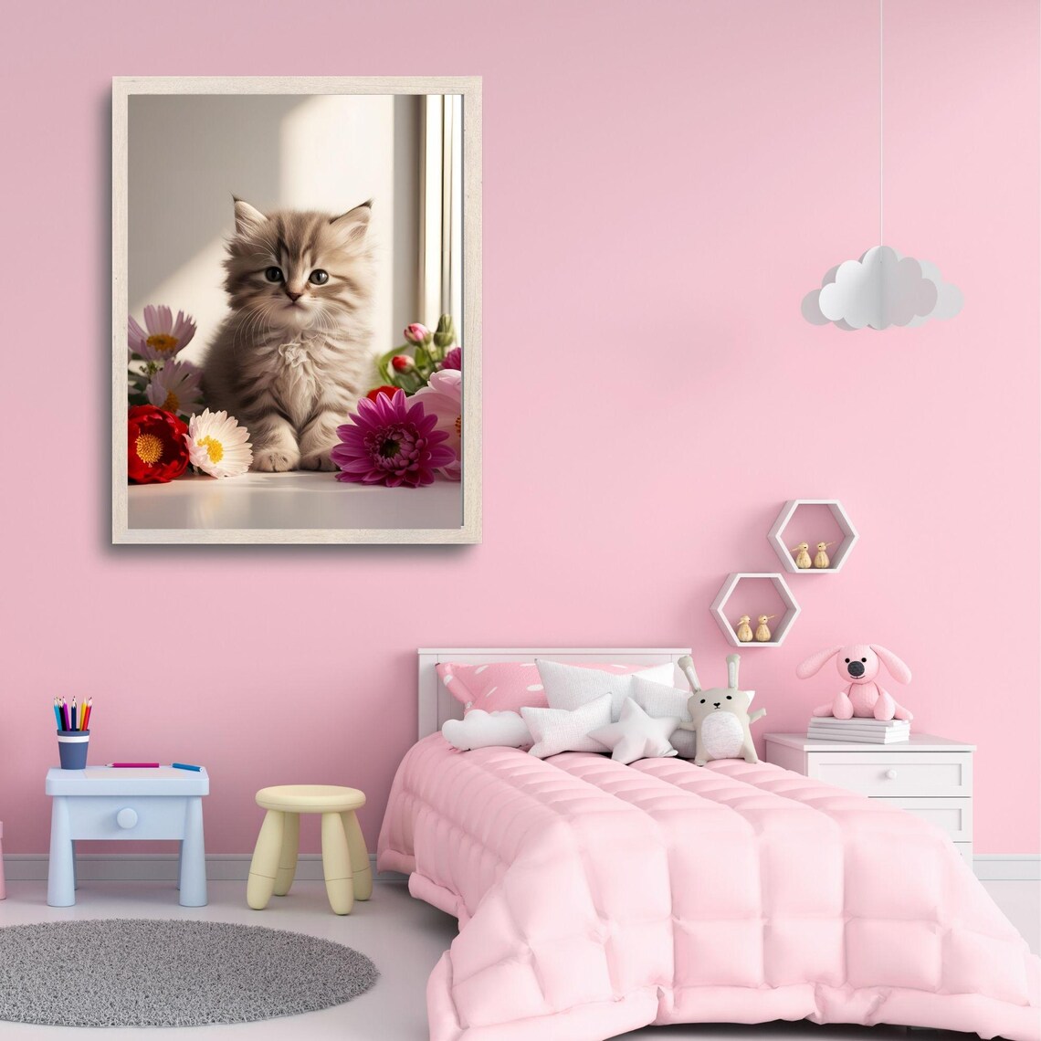 Fluffy Tabby Kitten Sitting Among Colorful Flowers In Window Light Print - Image 2