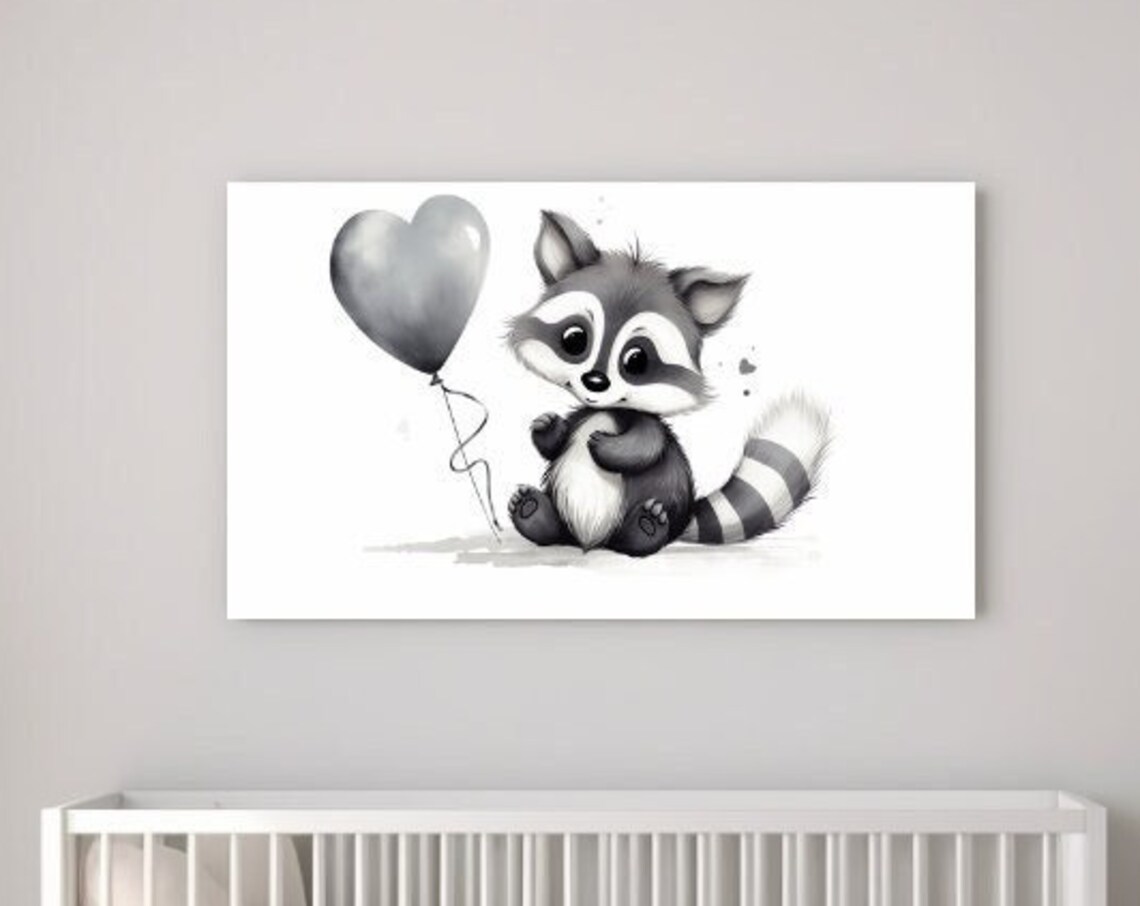 Baby Raccoon Holding Heart Balloon Grayscale Cute Nursery Wall Poster