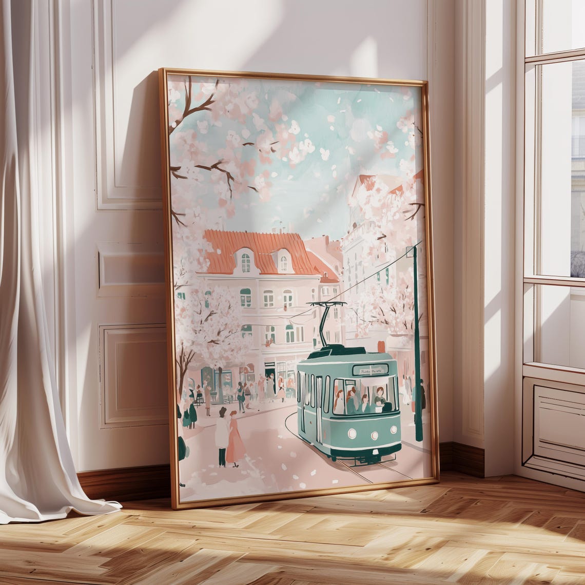 Spring Cherry Blossom Tram City Street Scene Pastel Travel Poster - Image 4