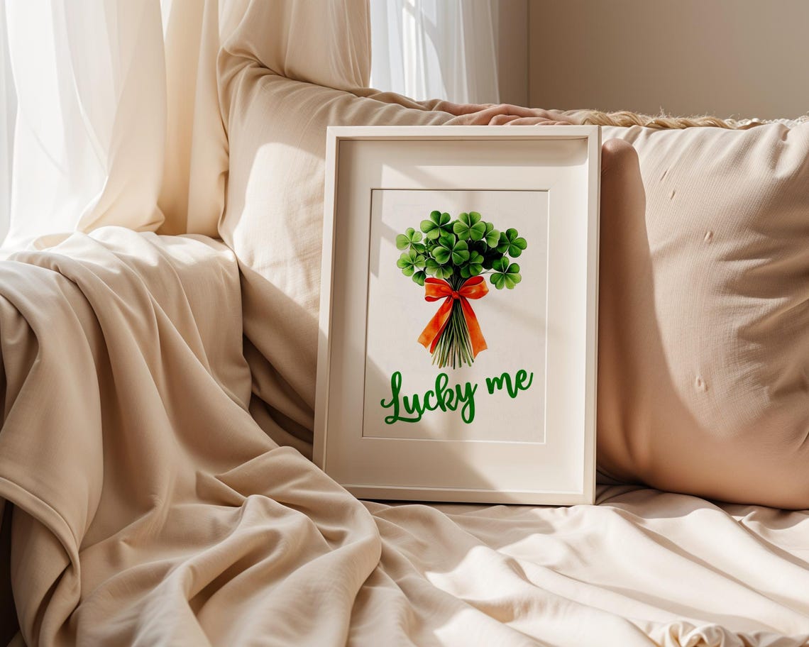 Lucky Me Shamrock Bouquet Red Bow St Patricks Day Wall Art Print - Image 5