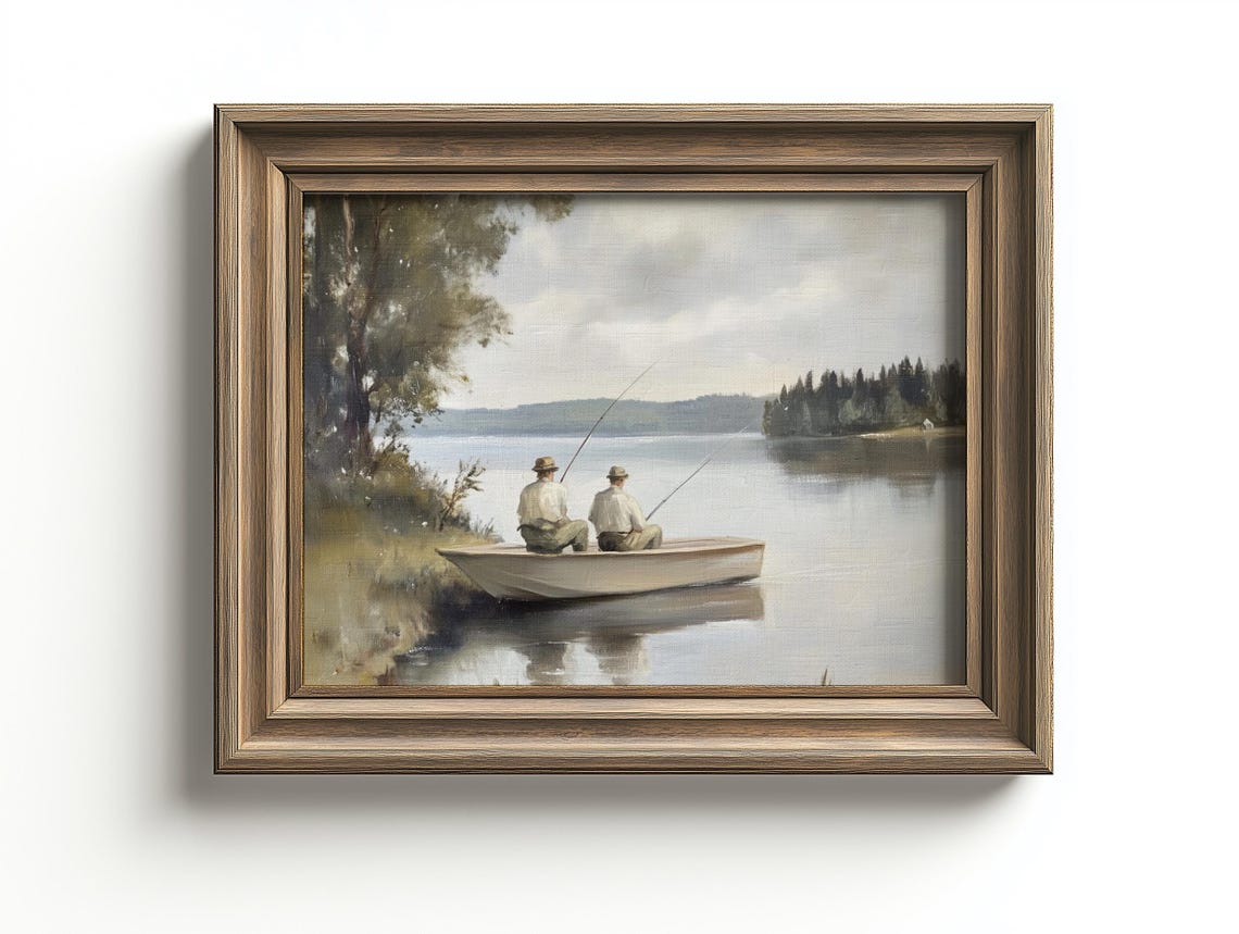 Vintage Fishing Lake Landscape, Rustic Cabin Decor