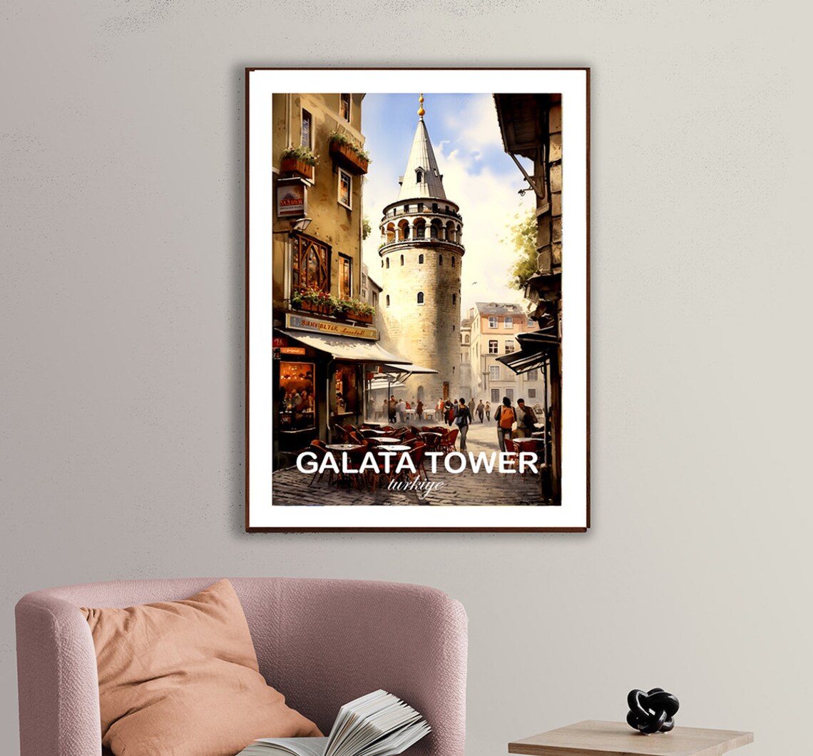 Galata Tower Istanbul Turkiye Old Street Cafes Historic Travel Poster - Image 2