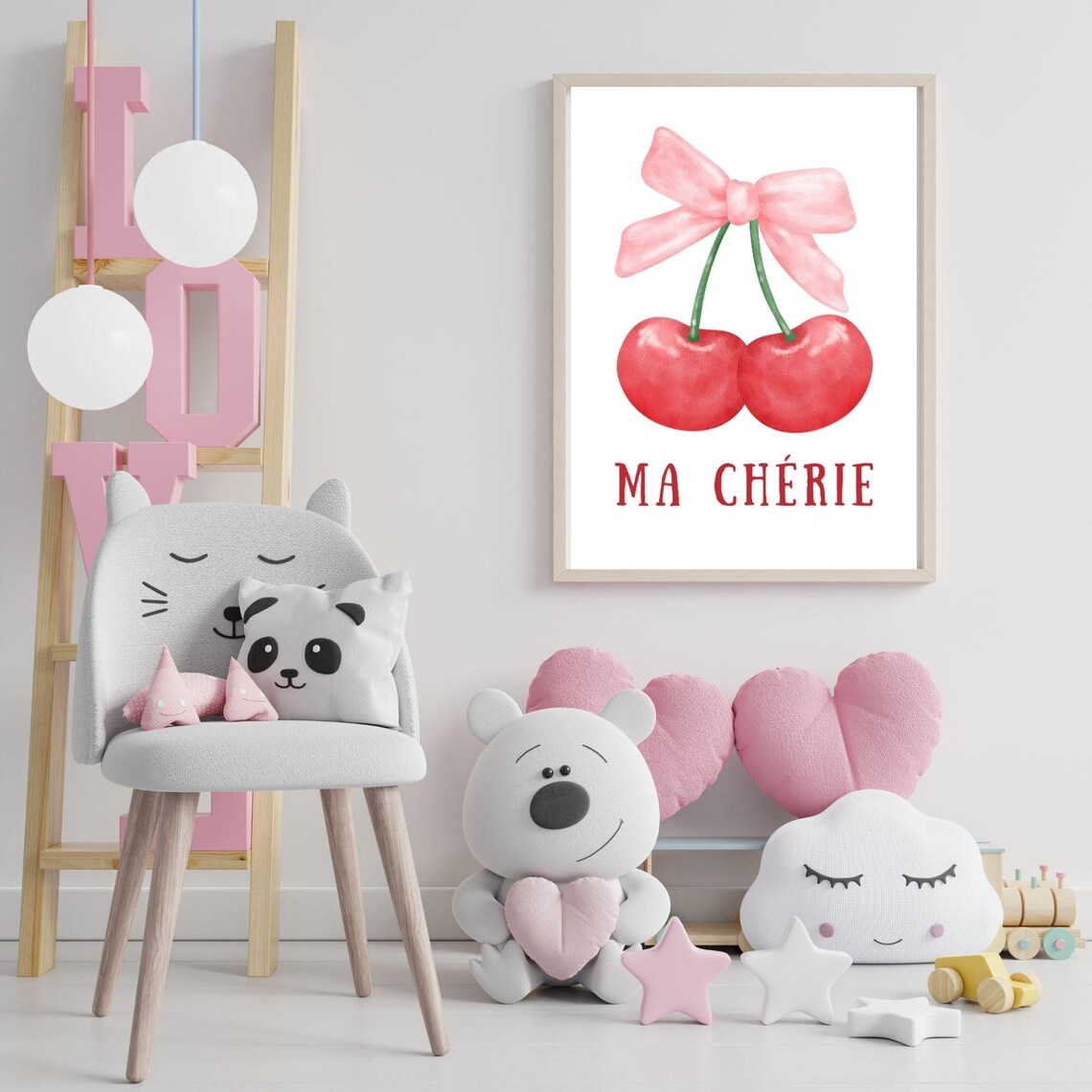 Ma Cherie Red Cherries Pink Bow Watercolor French Coquette Print - Image 2