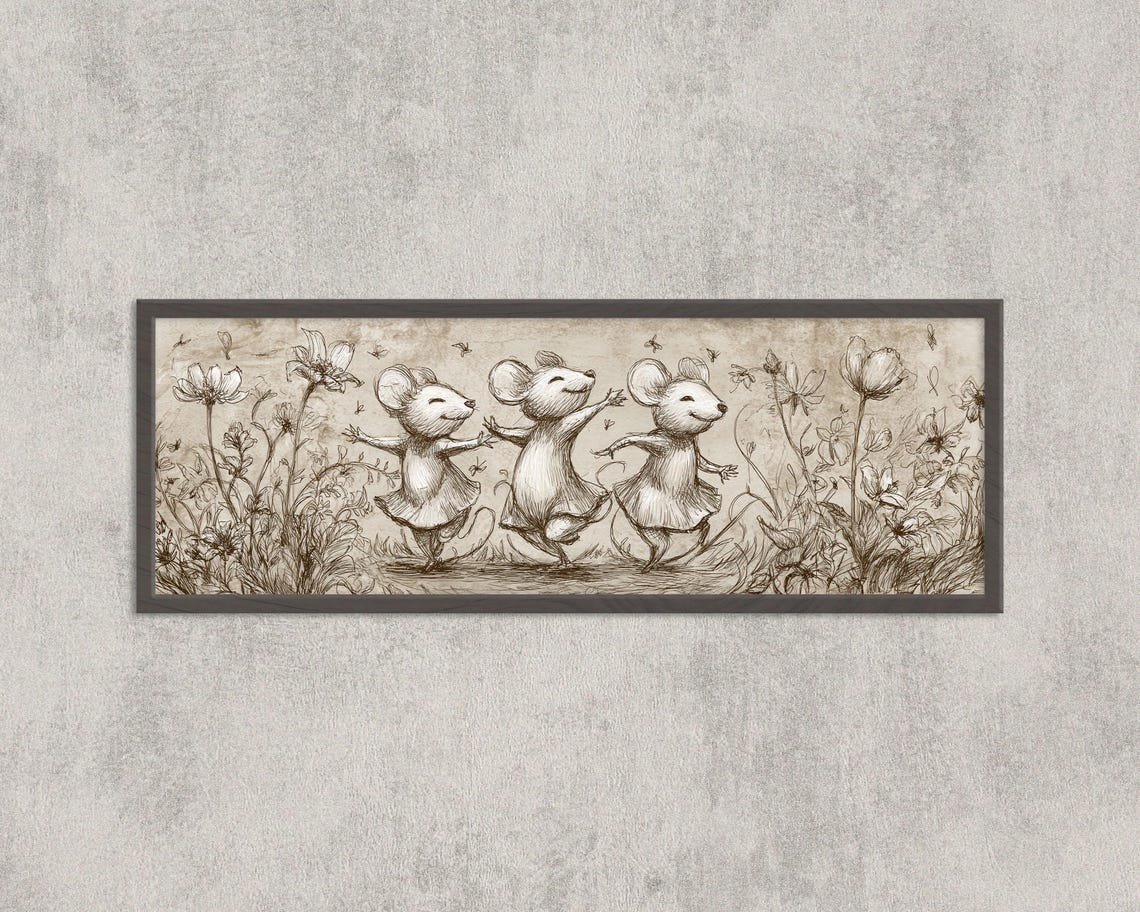 Dancing Mice Pencil Sketch Whimsical Wildflower Meadow Art Poster
