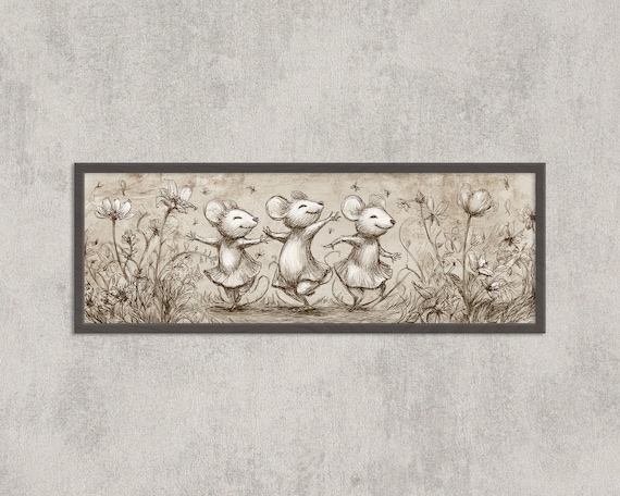 Dancing Mice Pencil Sketch Whimsical Wildflower Meadow Art Poster