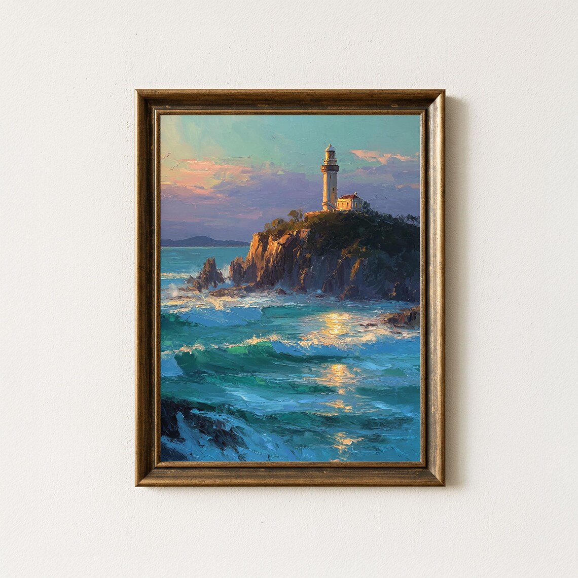 Lighthouse on Rocky Cliff Sunset Ocean Waves Oil Painting Print