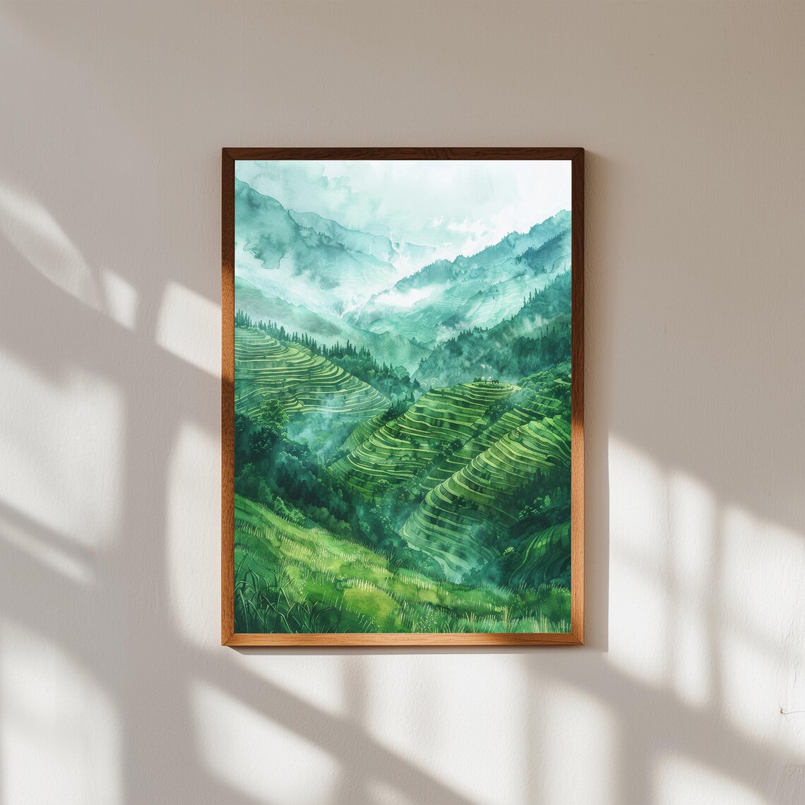 Vietnam Rice Terraces Misty Mountains Green Watercolor Poster