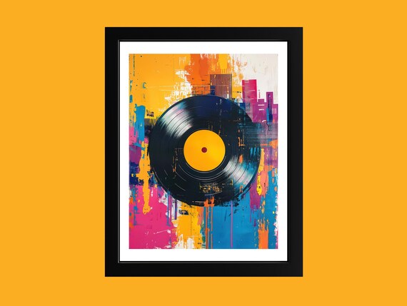 Vinyl Record over a Neon City Pop Art Canvas Style Music Poster