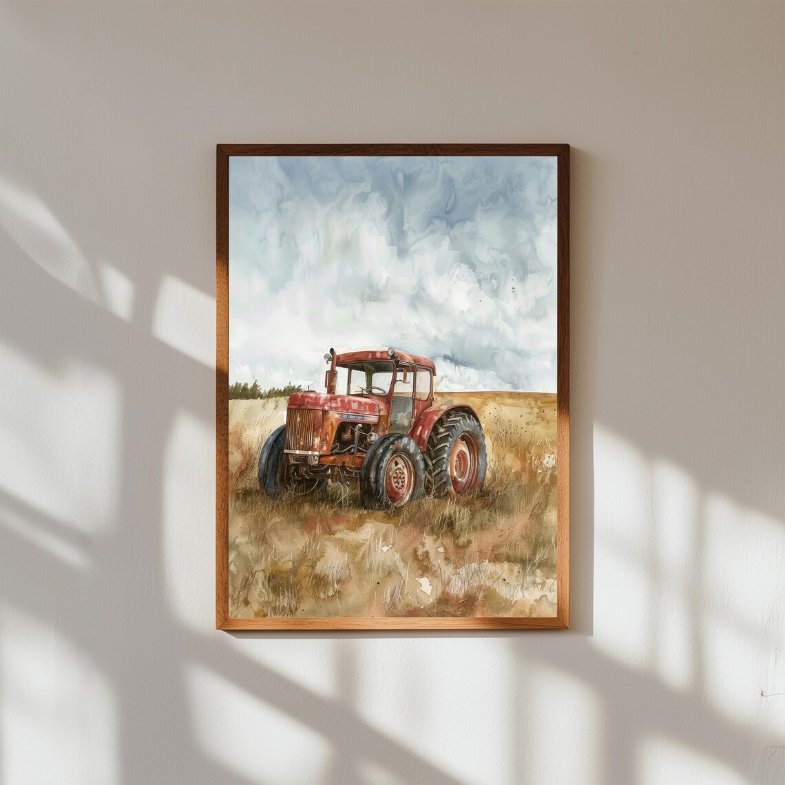Vintage Red Tractor Parked in Golden Wheat Field Country Barn Poster