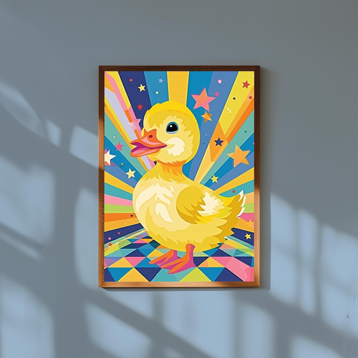 Cheerful Baby Duckling Rainbow Starburst Kids Nursery Animal Poster