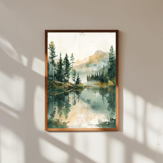 Cozy Cabin Lake Print Serene Forest Landscape Art