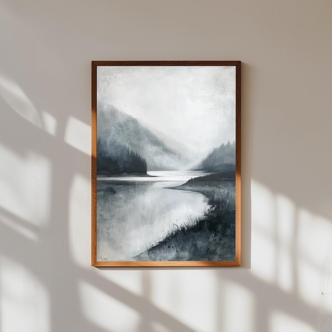 Foggy Mountain Lake Muted Gray Morning Watercolor Landscape Art Print