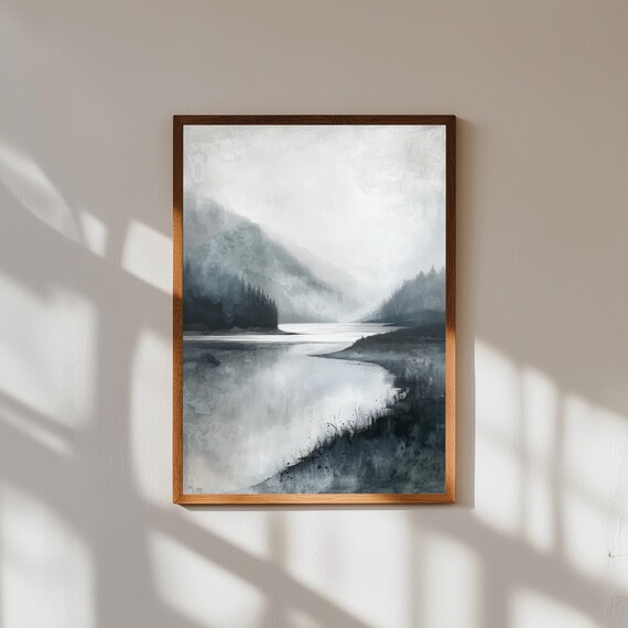 Foggy Mountain Lake Muted Gray Morning Watercolor Landscape Art Print