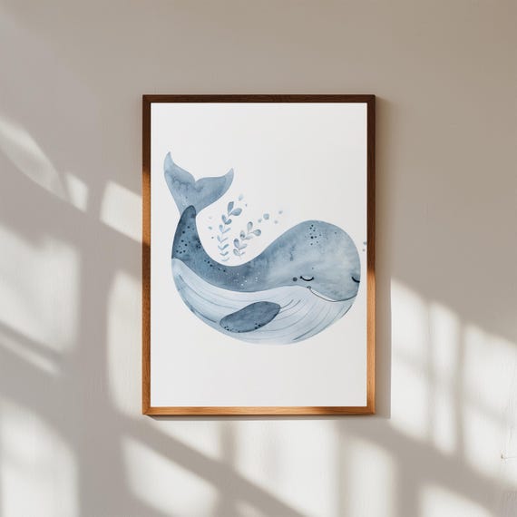 Baby Whale Watercolor Print Ocean Nursery Wall Art