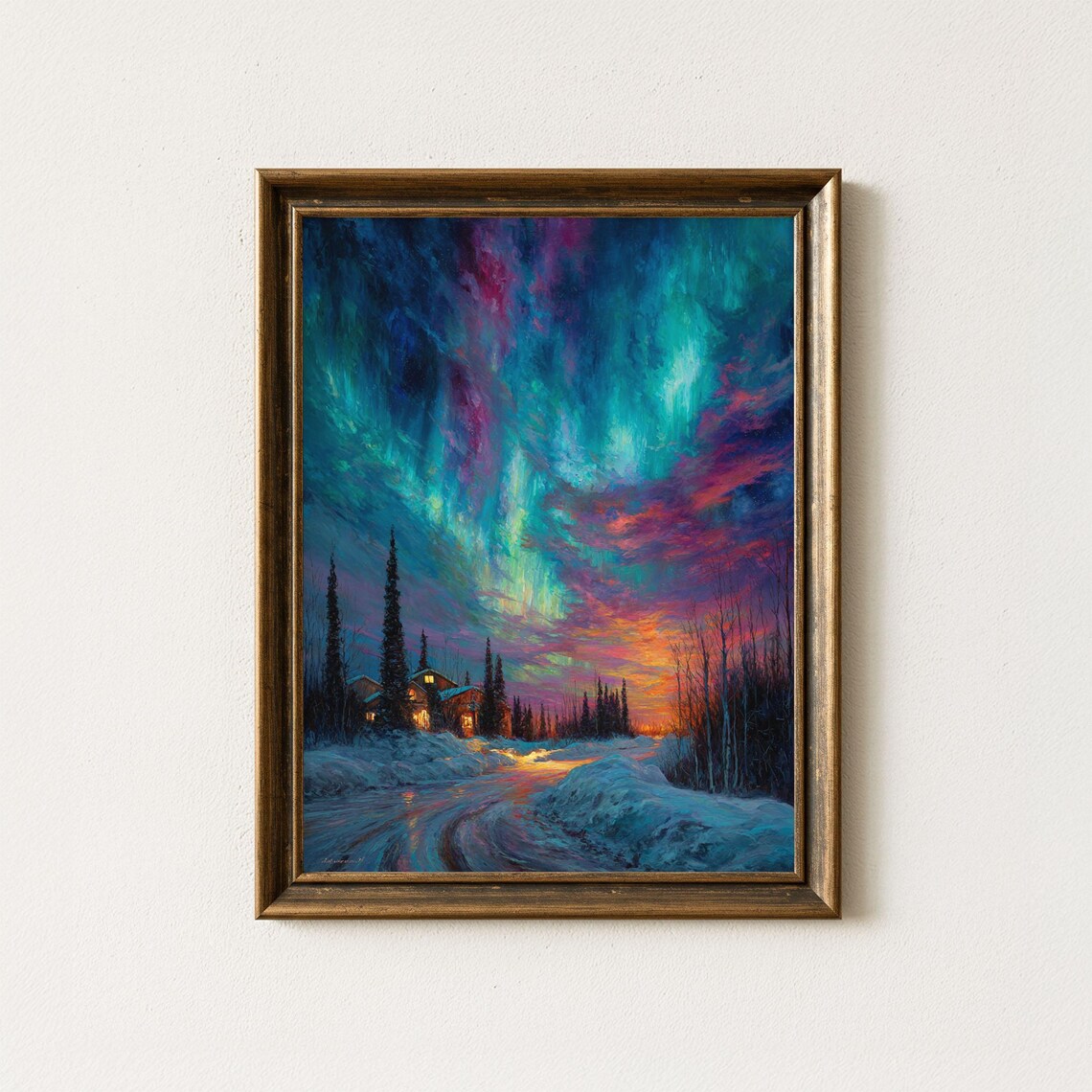 Aurora Borealis Art Print, Winter Cabin Style