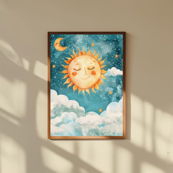 Blue Sky Nursery Print Smiling Sun Clouds Stars