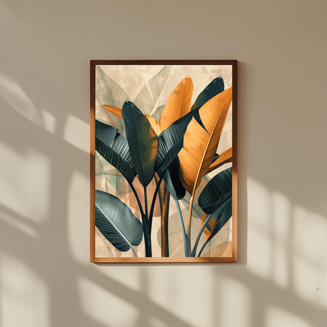 Banana Palm Leaves Teal Gold Tropical Modern Botanical Art Print