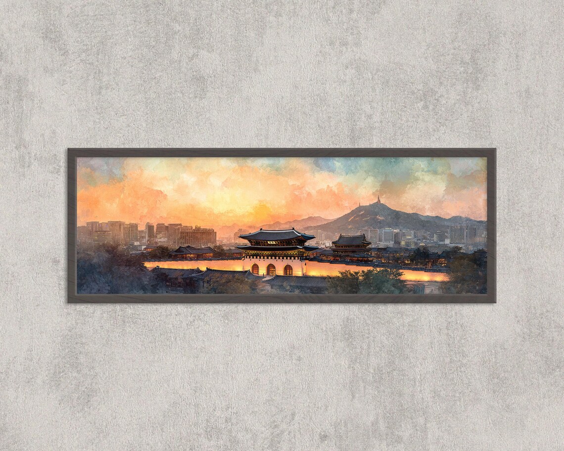 Seoul Sunset Watercolor Gyeongbokgung Palace Namsan Tower Print