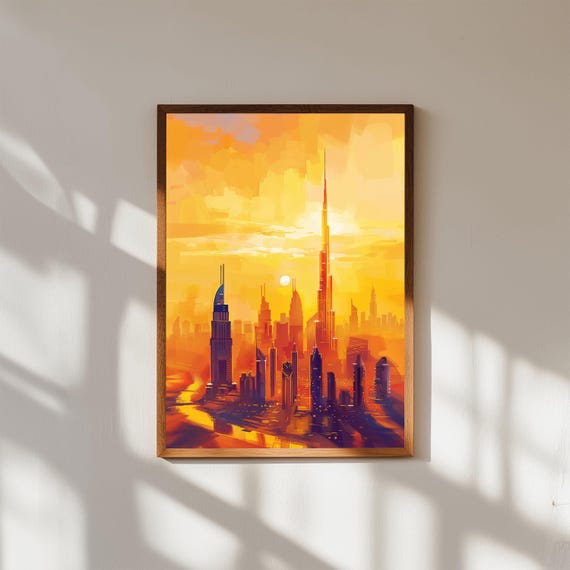 Dubai Sunset Watercolor Print Burj Khalifa Golden Hour Cityscape