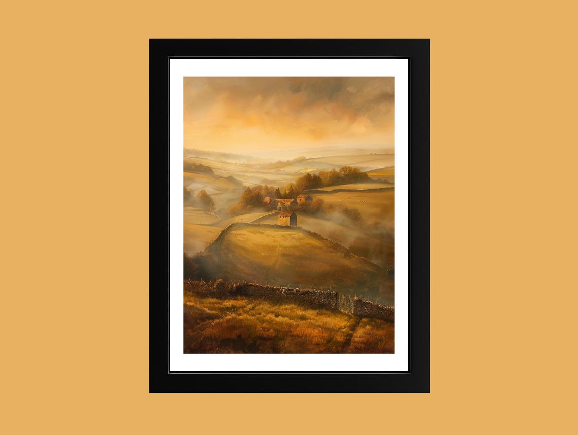 Misty European Hills Oil Painting Morning Fog Farm Landscape Print Stone Wall Countryside Art Serene Rural Fine Poster