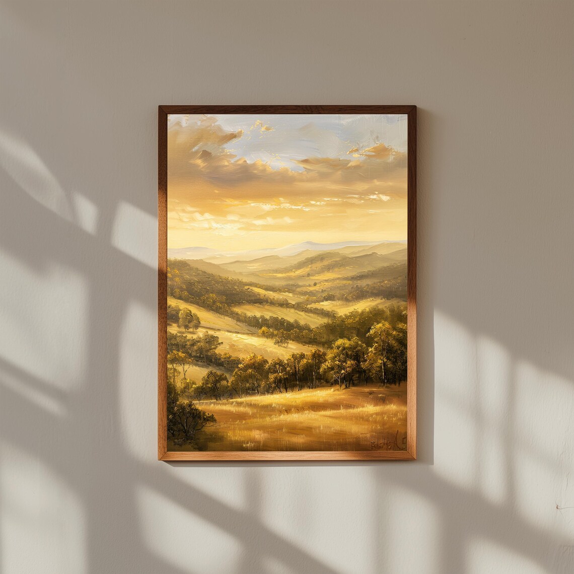Misty European Hills Oil Painting Early Morning Fog Landscape Print Soft Rural Fine Art Poster Serene Nature Wall Decor