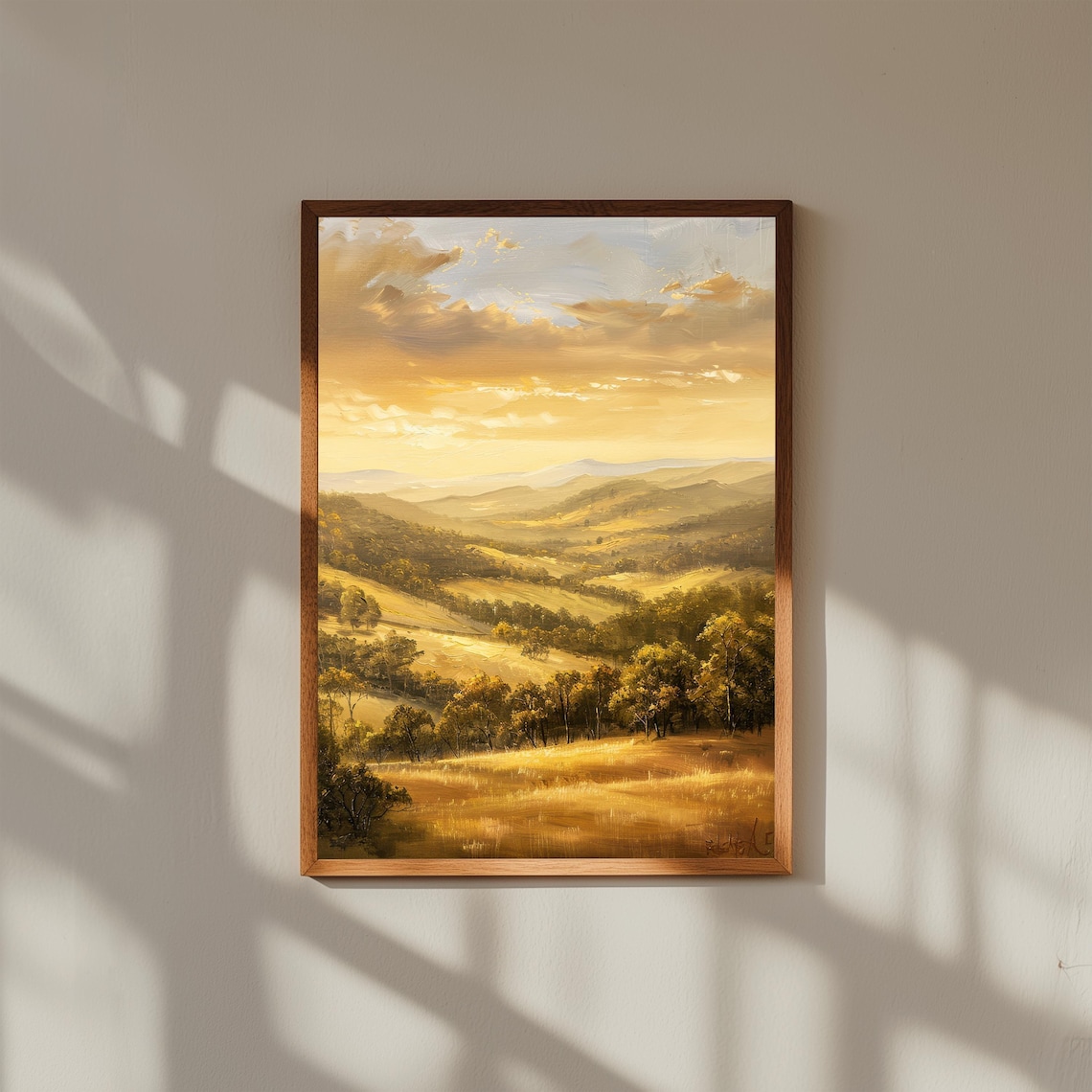 Misty Golden Hills at Dawn Soft Morning Fog Valley Landscape Poster