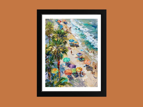 Tropical Beach Aerial Art Print Colorful Umbrellas Palm Trees